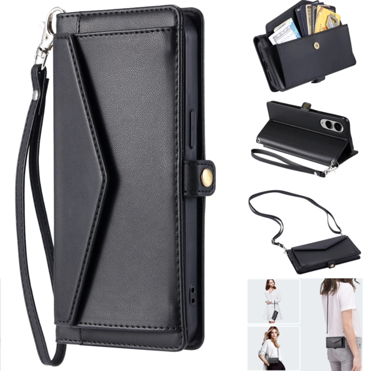 Deluxe Leather Wallet Case with Long Lanyard and Card Holder