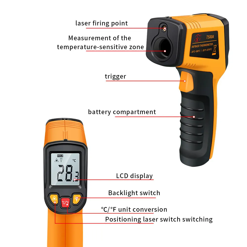 NJTY T380 T580A High Precision Infrared Thermometer Water Thermometer Baking and Kitchen Industrial Thermometer