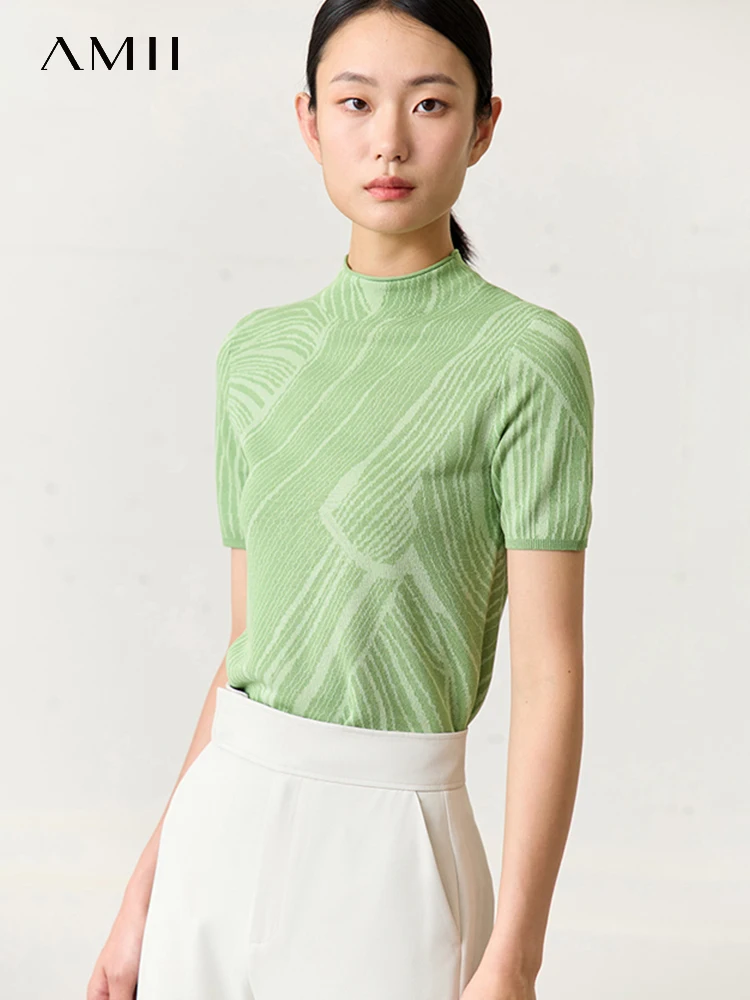

AMII Minimalism Short Sleeves Women's Tops 2023 Summer New Knitwears Chic Contrasting Colors Pullovers Knitted Clothing 72352011
