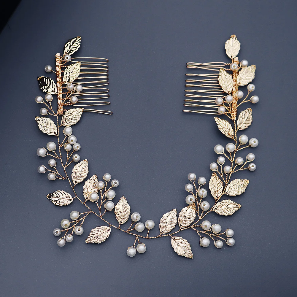 Pearl Bridal Wedding Hair Accessories Leaf Hair Comb for Women Gold Color Hair Pins Bride