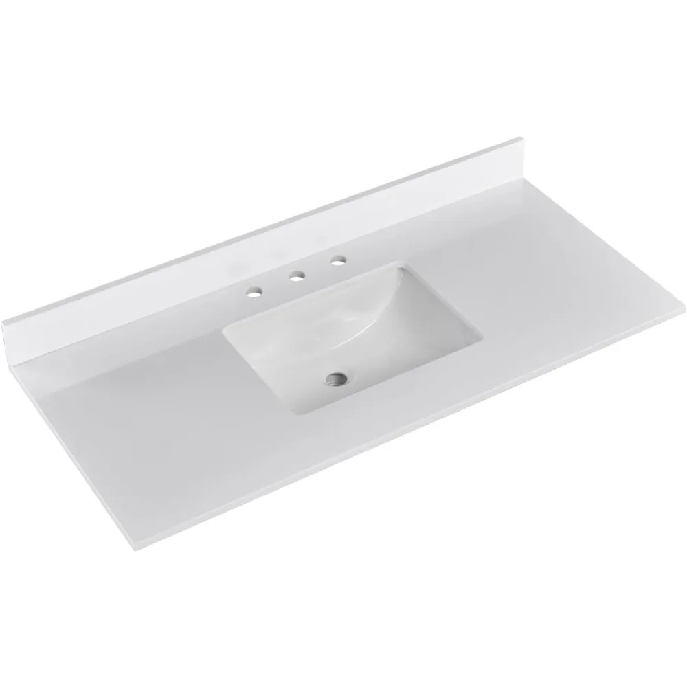 48 Inch Solid White Vanity Sink Top, Engineered Stone Vanity Top,8 Inch Widespread Faucet Hole with Backsplash Countertops 3