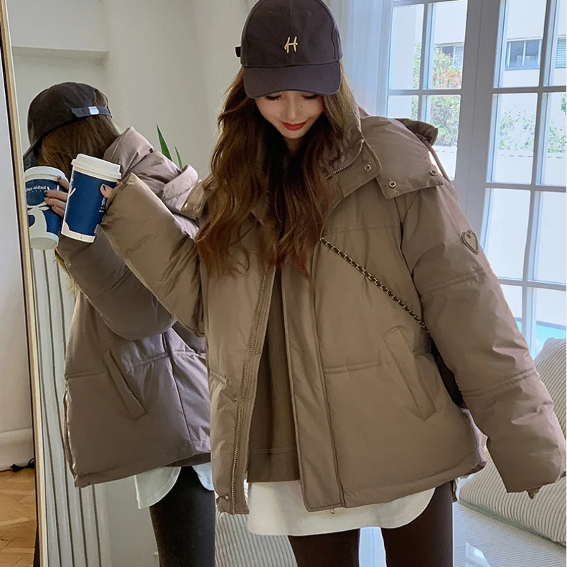 Hooded Black Loose Puffer Jacket Winter Coat Women Thick Warm Parka Embroidery Grey Coats Long Sleeve Snowsuit Korean Outerwear