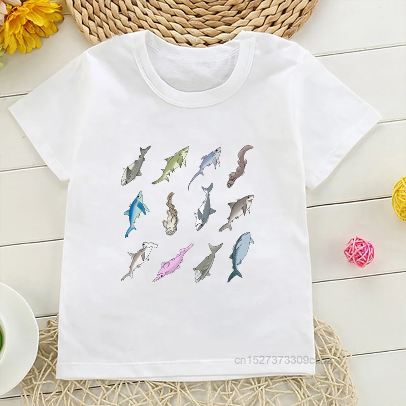 Types Of Shark Identification Cartoon Print Tshirt Boys Kawaii Kids Clothes Cute T-Shirt Children'S Clothing Summer Tops Tee