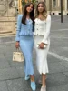 DGLUKE Elegant Knitted Two Piece Set For Women 2025 New In Matching Sets Top And Long Skirt Sets Holiday Festival Outfits 3