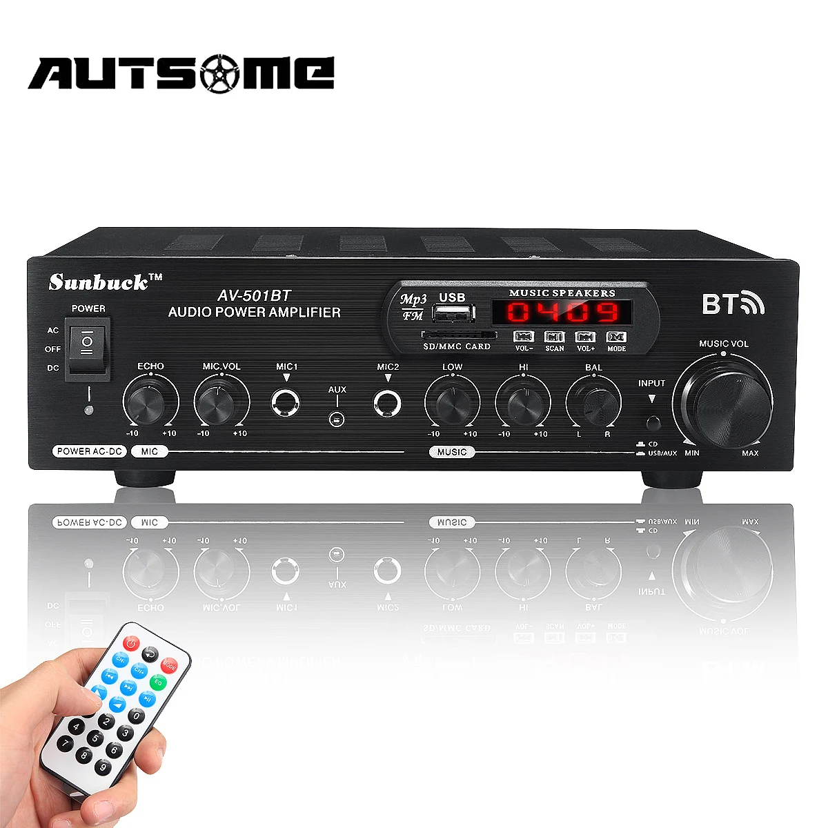 NEW 2500W 110/220V 12V bluetooth 2 Channel Karaoke Mic Input Digital Reverb Home Stereo Amplifier Support USB SD FM AUX |