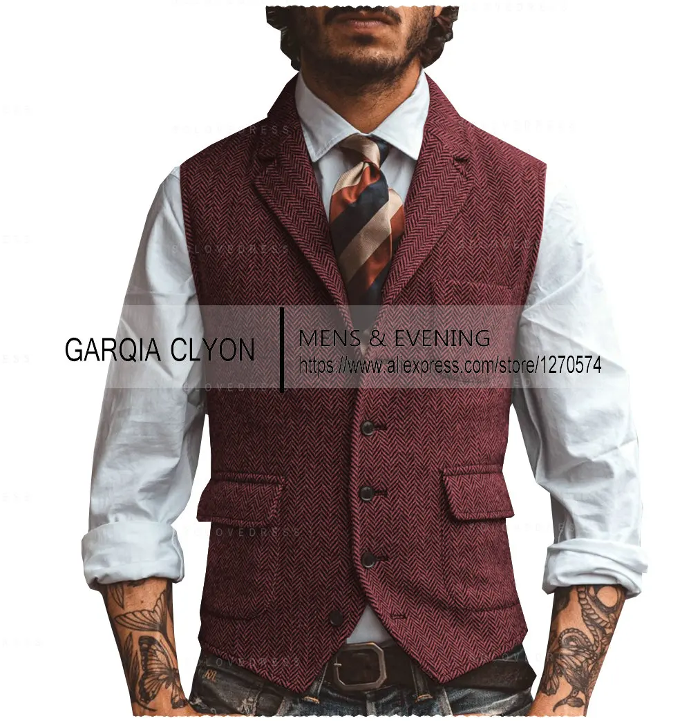 Men's Suits Vest V Neck Lapel Casual Classic Formal Business Herringbone Slim Fit For Wedding Groomsmen