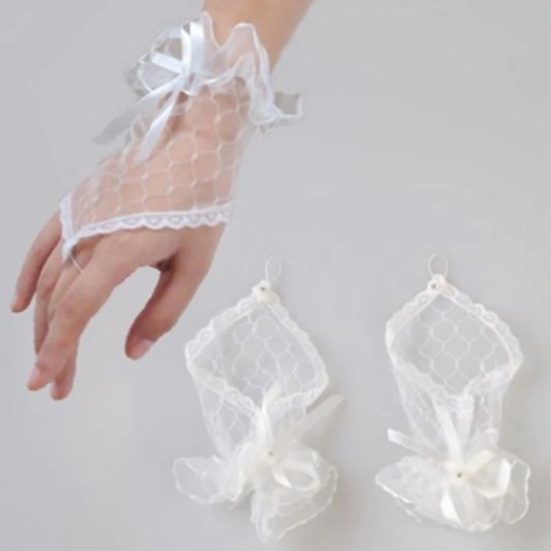 Wedding Dress Gloves Women Bride Wedding White Short Fingerless Gloves for Rhinestone Bowknot Sheer Mesh Lace Gauze