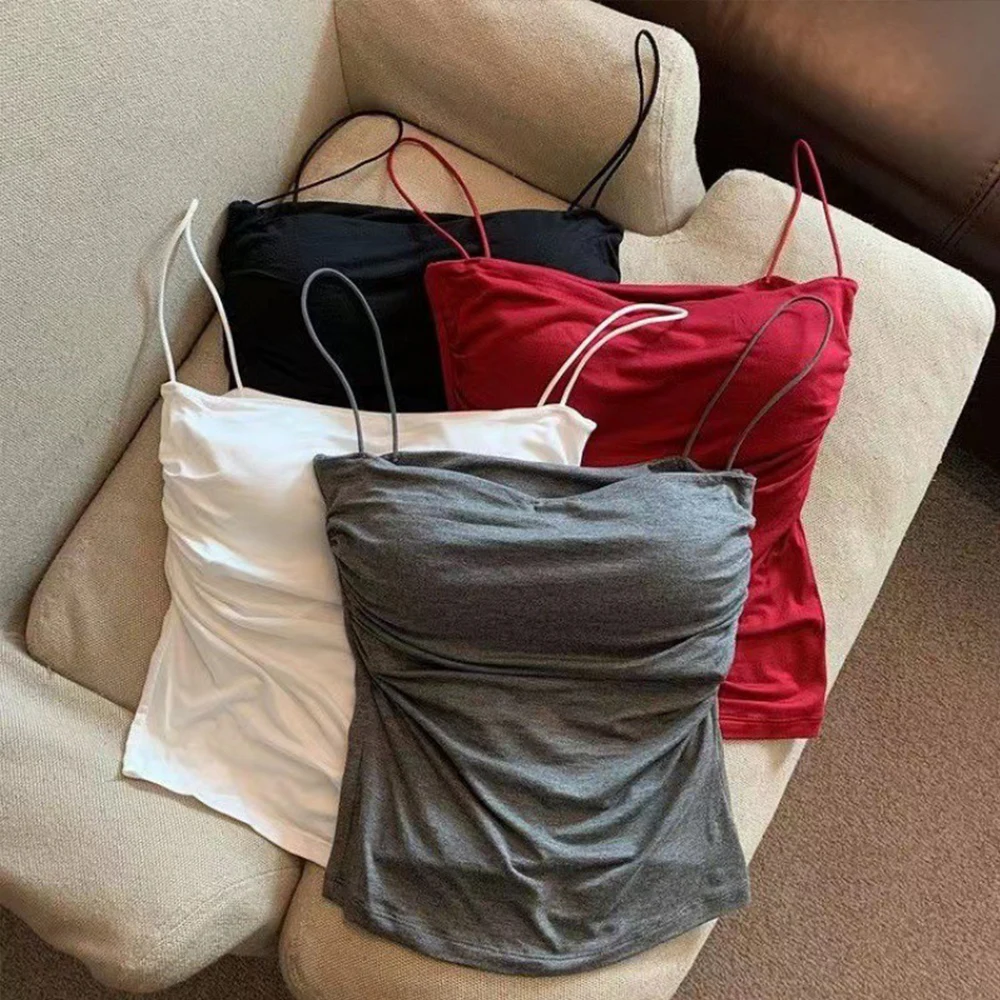여성용 슬림핏 브래지어 조끼, 민소매 스파게티 스트랩, 섹시한 단색 크롭탑, 캐주얼 탱크탑, 여름 패션