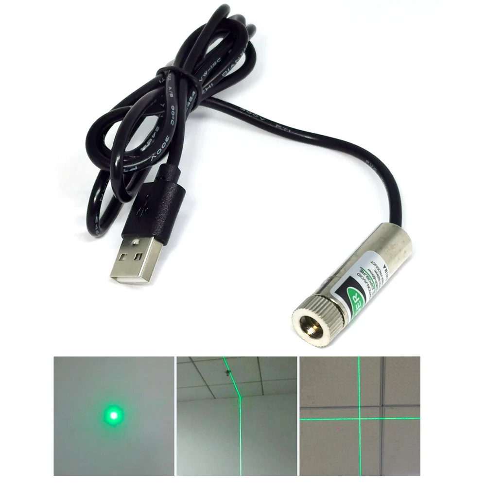 12*35mm Focusable 515nm 520nm 10mW Laser Module Cross/Line/Dot Green Beam With USB Power Adapter adjustable 515nm 30mw green laser diode module dot line cross with holder and adapter for alignment dc12v