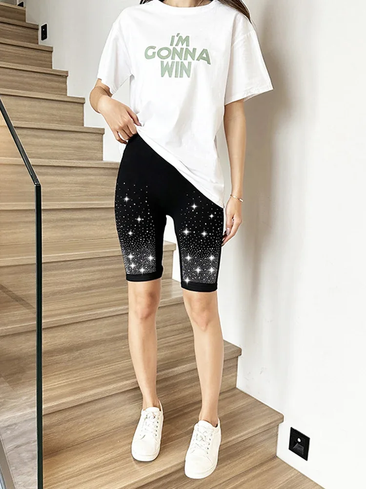 Summer New Trendy Rhinestone Cycling Shorts Women's Black Modal Knee Length Short Leggings Slim Skinny Gothic Punk Sport Shorts