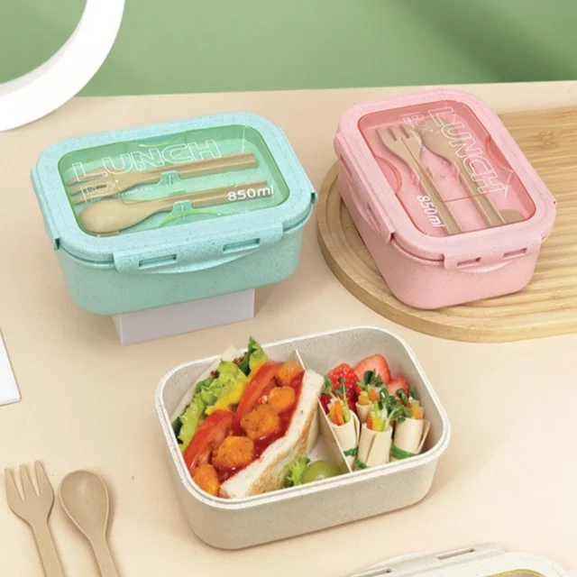 Boîte à déjeuner divisée de 850ml, boîte à Bento Portable de grande capacité pour micro-ondes avec fourchette et cuillère, récipient de stockage des aliments pour le Camping scolaire 3