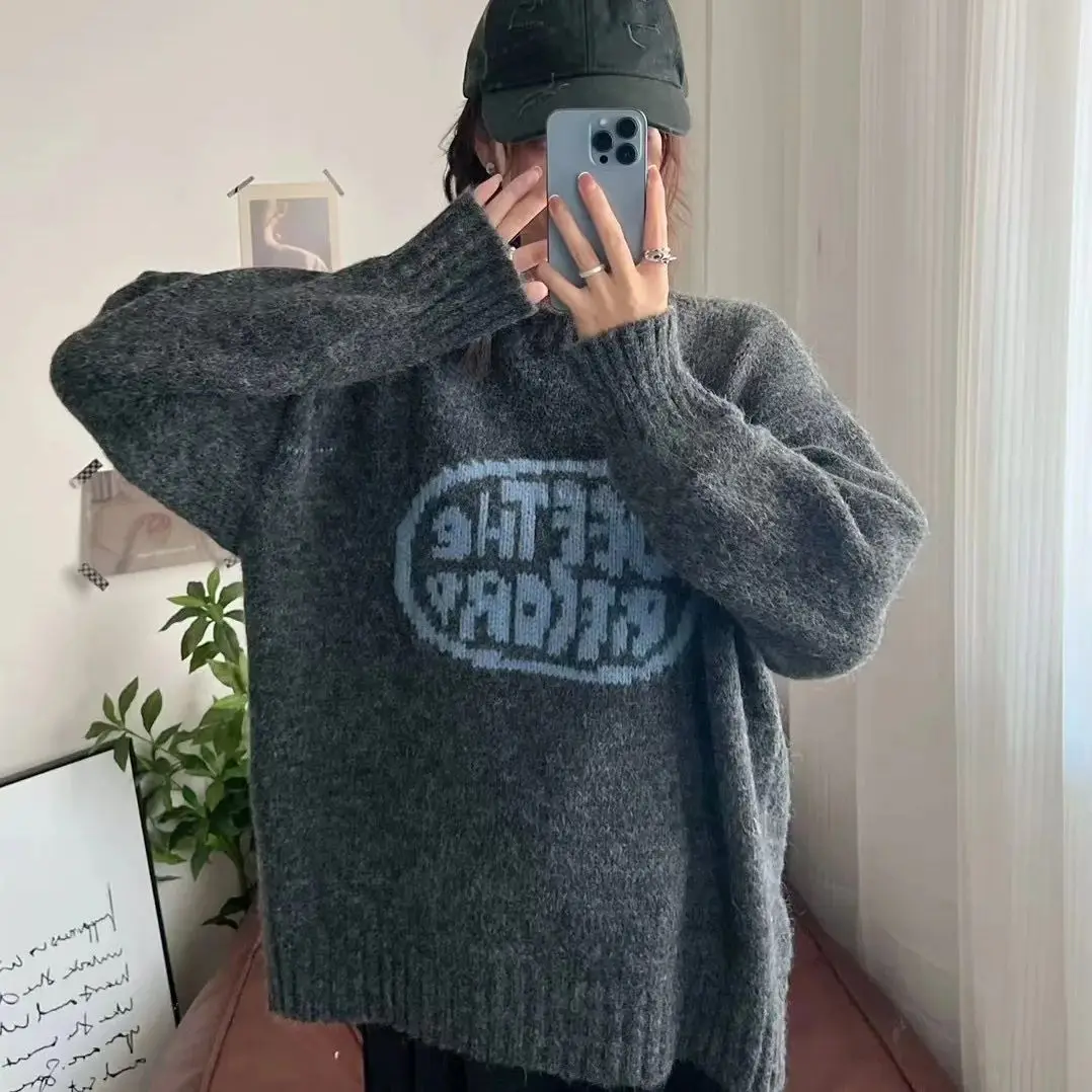 

Hsa Korean oneck letter jacquard loose pullover sweater for women 2023 autumn and winter new sazy style long-sleeved jumper