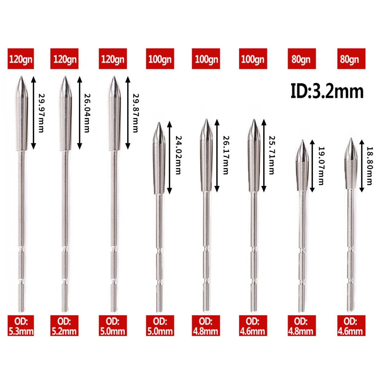 80/100/120 Grains Break-off Arrowheads Stainless Steel Archery Arrow Head Points for ID 3.2mm Arrow Shaft