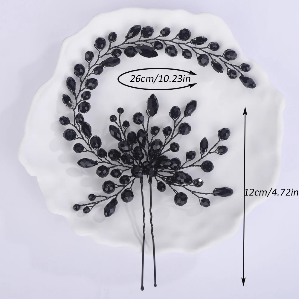 Black Crystal Bridal Hair Pins Headband Wedding Hair Accessories Jewelry Handmade Party Headpiece for Women and Girls Tiaras