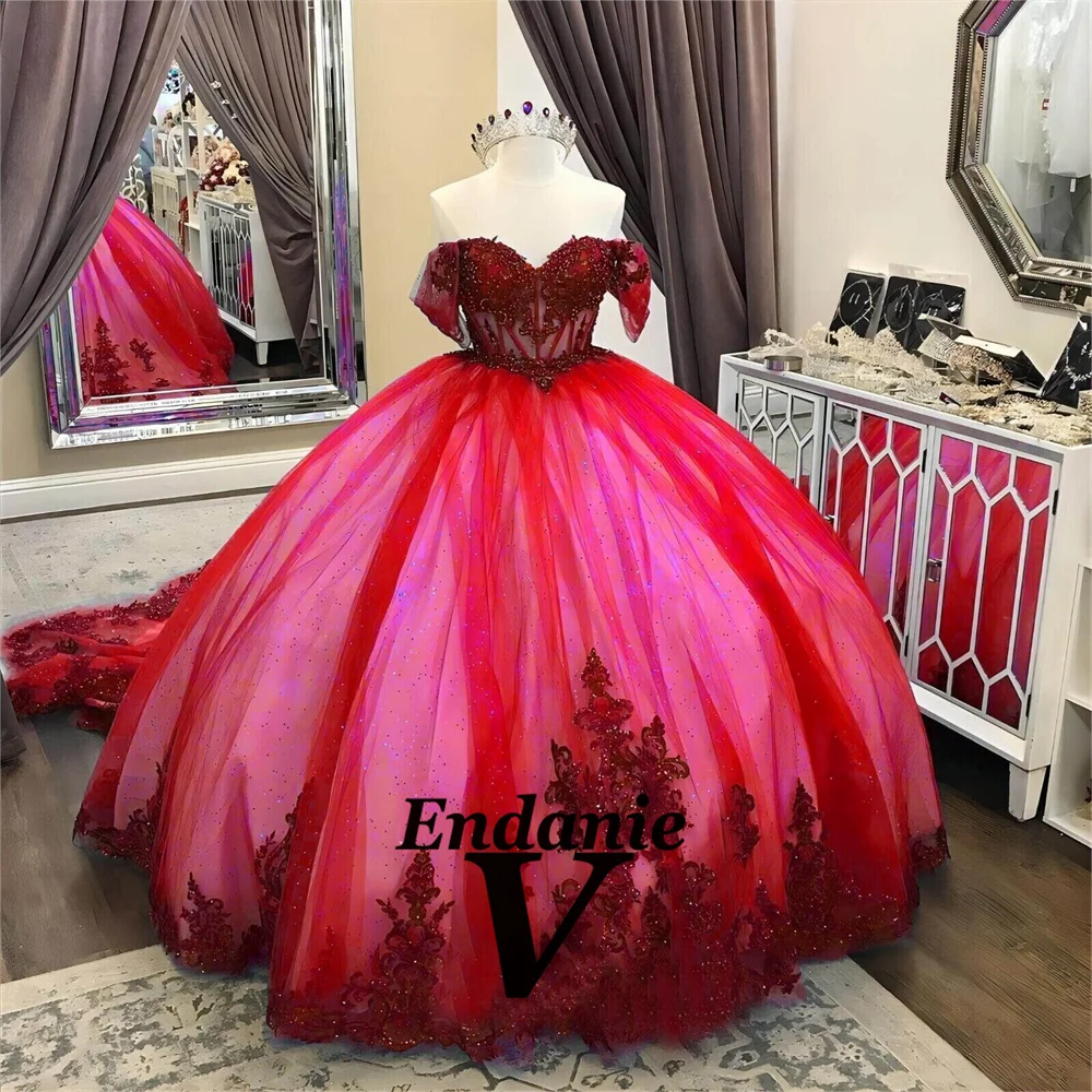 Vendanie Charming Ball Gown Quinceanera Dresses Appliques Sequined Off the Shoulder Court Train Draped Vestidos De 15 A&ntilde;os quinceanera dresses