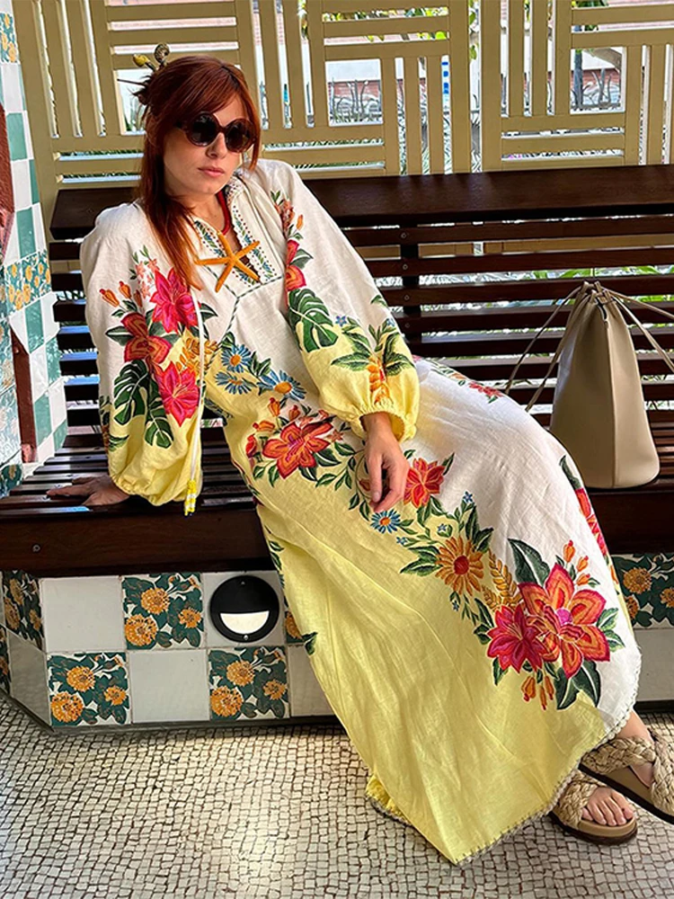 knee length dresses for ladies 2022 Summer New! Women Loose Linen and Cotton Round Neck Middle Sleeve Maxi Dress Black main image 0