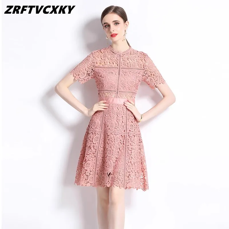 

Fashion Water Soluble Lace Dresses For Women's Elegant O-Collar High Quality Hollow Out Embroidery Summer Solid Office Mid Dress