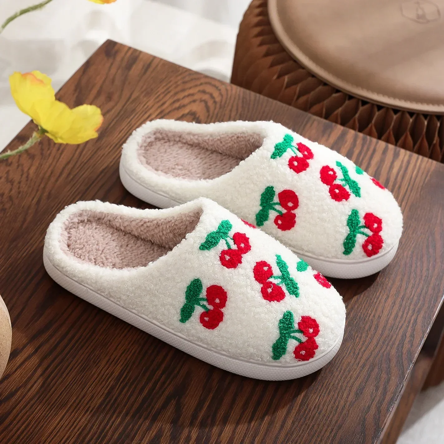 

Lovely Cherry Couple Slippers Winter Home Plush Comfortable Non Slip Cotton Shoes Warm Flat Bottom Casual Shoes Men Women