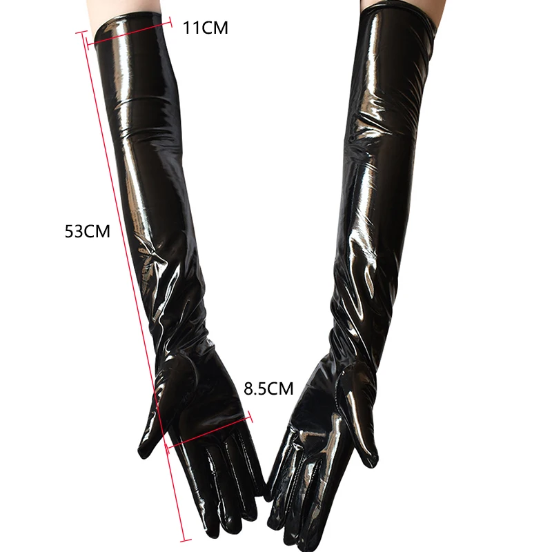 Black Leather Long Gloves Punk Rock Gloves Hip Pop Jazz Disco Bright Mittens Cosplay Women Sexy Party Dance Clubwear Accessories