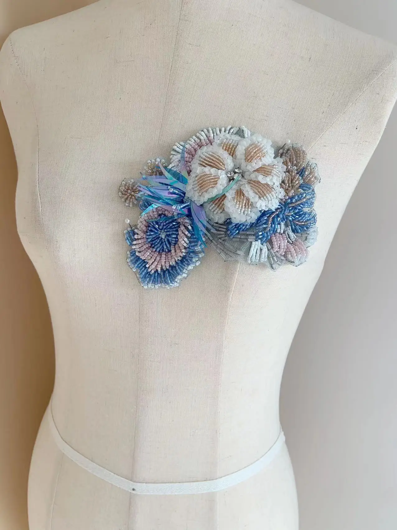 

Blue Seed Beaded Bodice Patch Heavy Rhinestone Colorful Flower Sequins Applique for Floral Corset,Wedding Dress,Couture