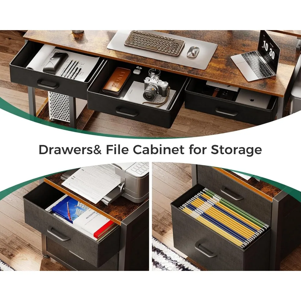 71 Inch Computer Desk with File Drawer, Reversible Office Desk with 4 Drawers & Power Outlet, LED Strip Monitor Shelf CPU Stand 6
