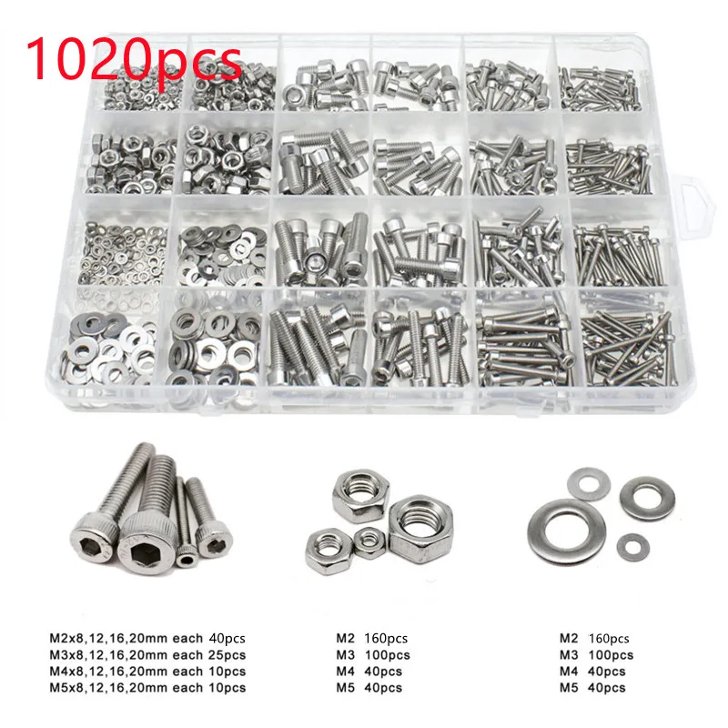 

1020Pcs Hexagon Hex Socket Machine Screw Set M2 M3 M4 M5 304 Stainless Steel Flat Button Cap Head & Nuts & Washer Assortment Kit