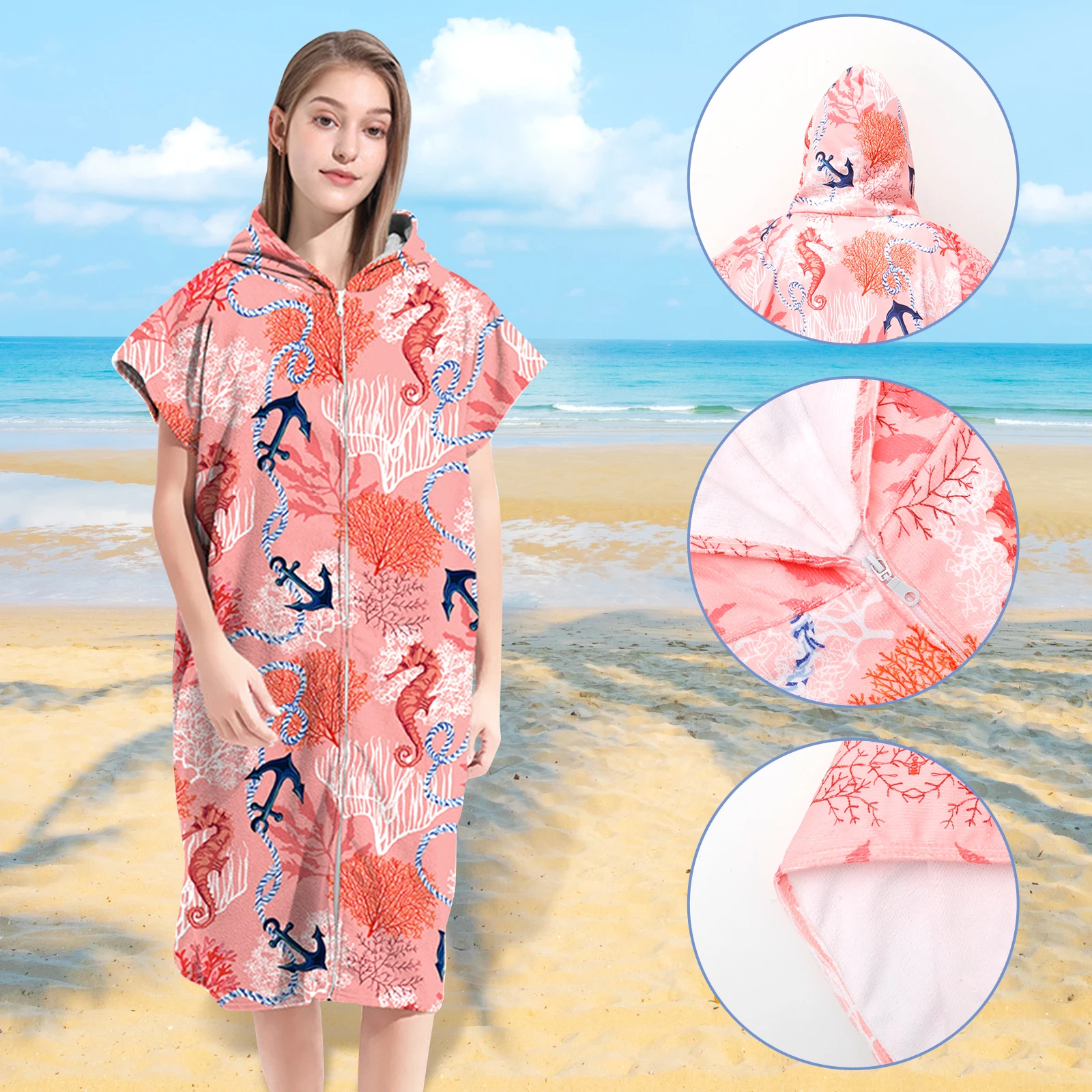 Soft Microfiber Changing Robe Quick Dry Surf Poncho Hooded Towel Poncho Robe with Zipper for Women Men Surfing Swimming Travel