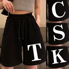 Short d'été taille haute pour femmes, jambes larges, longueur aux genoux, droit, 26 lettres blanches imprimées