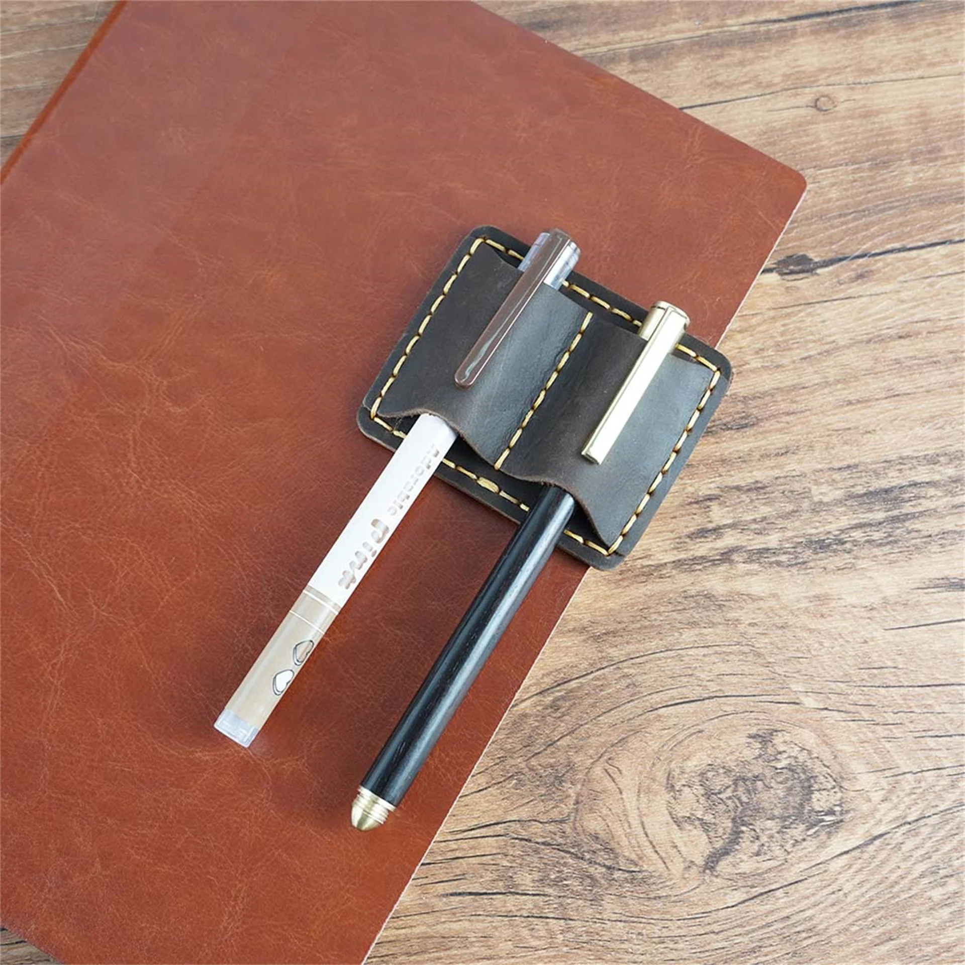 Pen Holder Pen and Brush Holder Simplenote Metal Leather Pencil Holder Brass Stainless Steel Clip for Notebook Planner Creative Accessories Stationery Products
