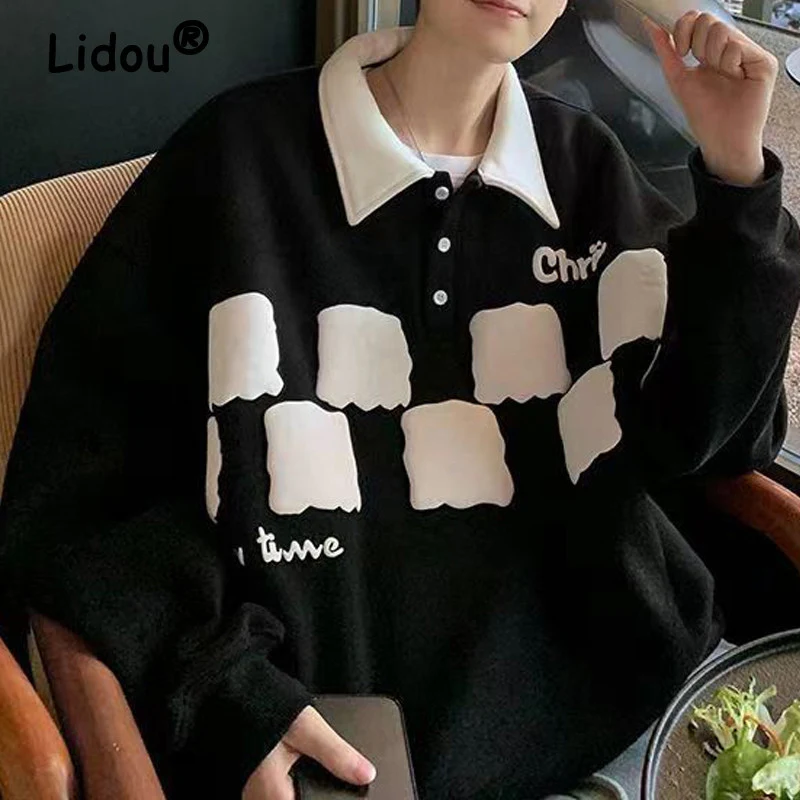 

Men's Casual Harajuku Streetwear Oversized Fake 2 Piece Pullover Tops Fall Winter Fashion Polo Collar Fleece Sweatshirt Clothing