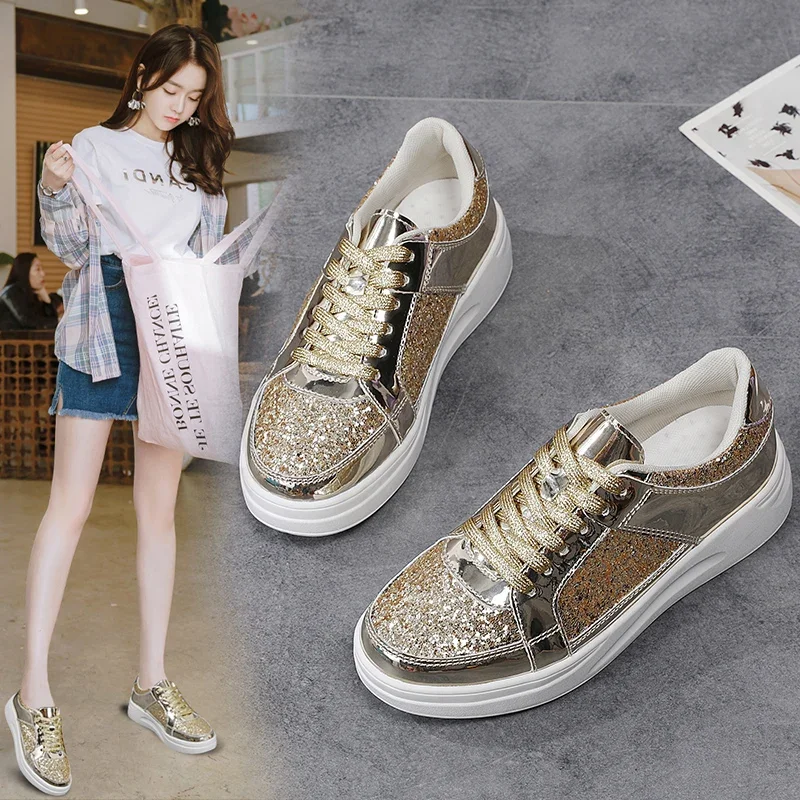 Over Size 35-43 Women Sport Sneakers Comfortable Flat Female Traveler Big Size 41 42 43 Walking Shoes Gold Athletic Trainers