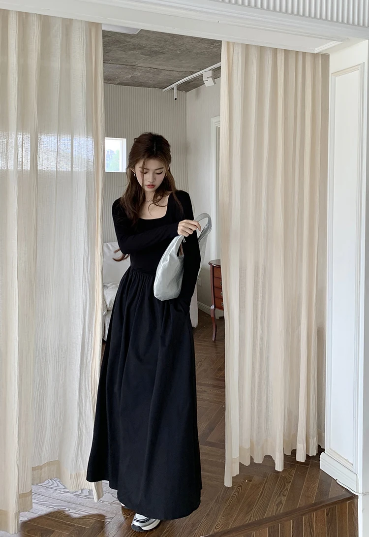 Casual Knitted Midi Dresses for Women Solid Long Sleeves Square Collar A-line Autumn New Elegant Dress Female Slim Vestidos