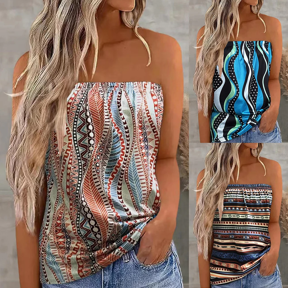 

Women's Strapless Bandeau Boob Tube Tops Summer Beach Boho Blouse T Shirt Top Blouse Bandeau T Shirt Strapless