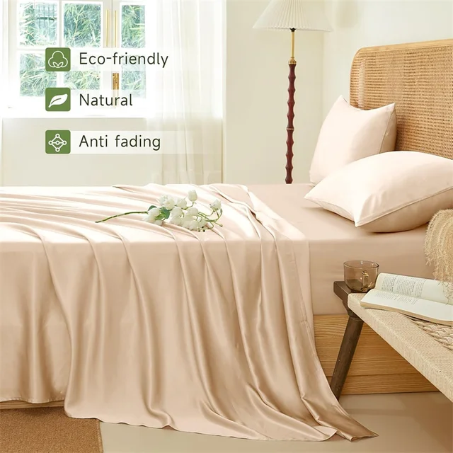Set di lenzuola in seta di gelso 4/6 pezzi Set di biancheria da letto setosa Lenzuolo con angoli di lusso Lenzuola piatte Federa Letto singolo matrimoniale King Queen 3