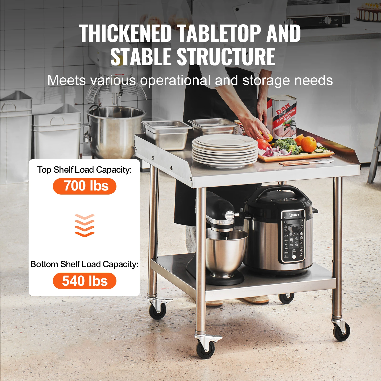 Stainless Steel Commercial Work Table with 4 Wheels for Food Prep