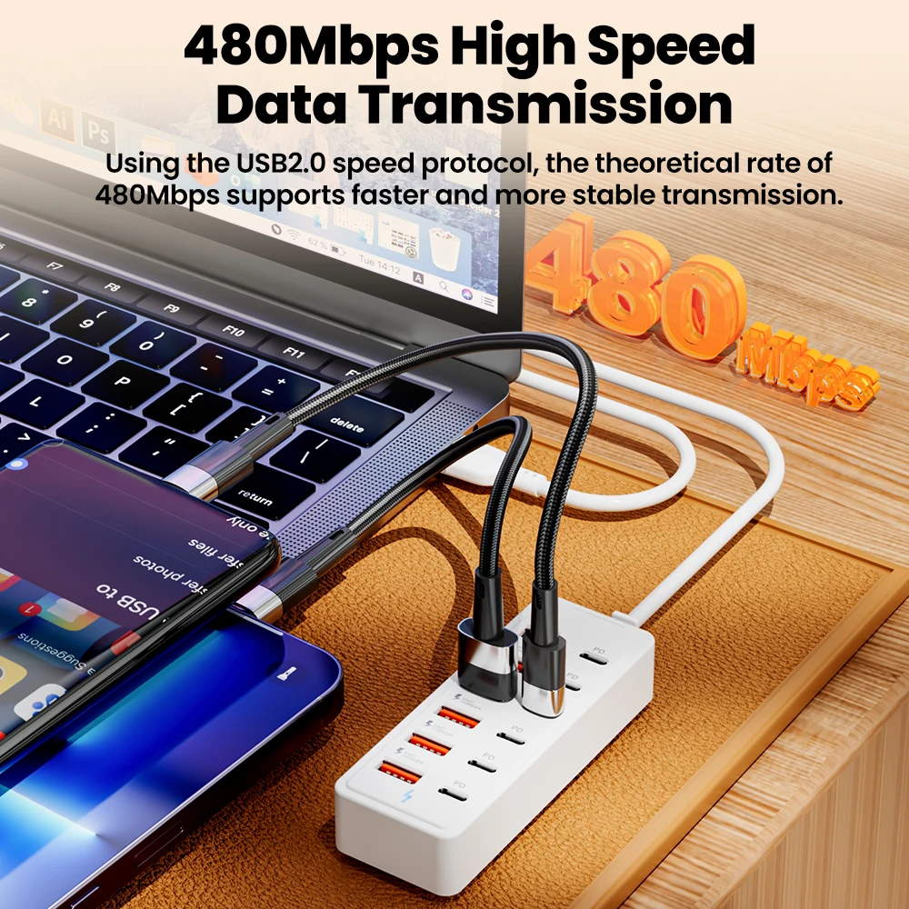 Multifunctional 12-in-1 USB-C Hub Power Strip with Fast Charging and High-Speed Data Transfer