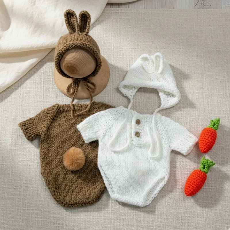 사진 소품 3pcs 모헤어 토끼 모자 Romper 당근 세트 사진 촬영 복장 스튜디오 액세서리