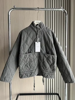 Women's Vintage Rayon High Collar Large Pocket Decorative Quilted Coat