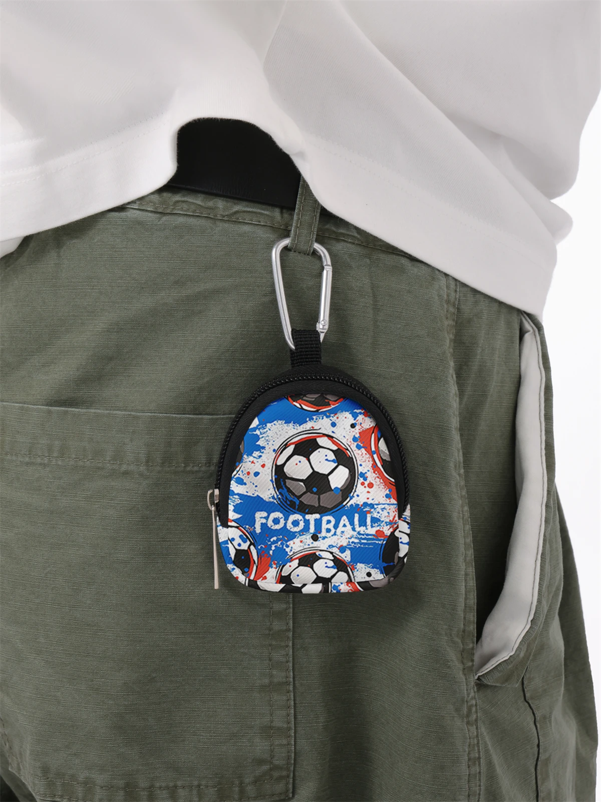 Football pattern printed mini wallet, lightweight zipper change bag with hook clip, headphone key bag, suitable for men and wome