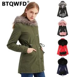 BTQWFD Woman Hooded Jackets Female Clothing Warm Long Sleeves Ladies Parkas Fur Collar Fleece Zipper Fashion 2024 Winter Thicken