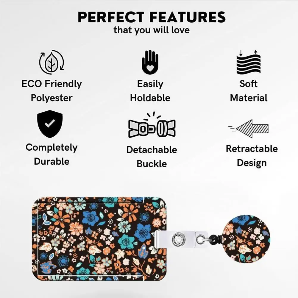 

Card Cover Flower Pattern Id Badge Holder Set with Lanyard Retractable Reel Clip Keychain Stylish Office Card for Women