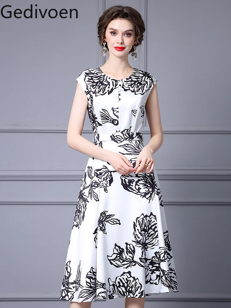 

Gedivoen Summer Fashion Runway New Designer Garment Sleeves Printing Floral Senior Chinese Retro Style A-LINE Dress