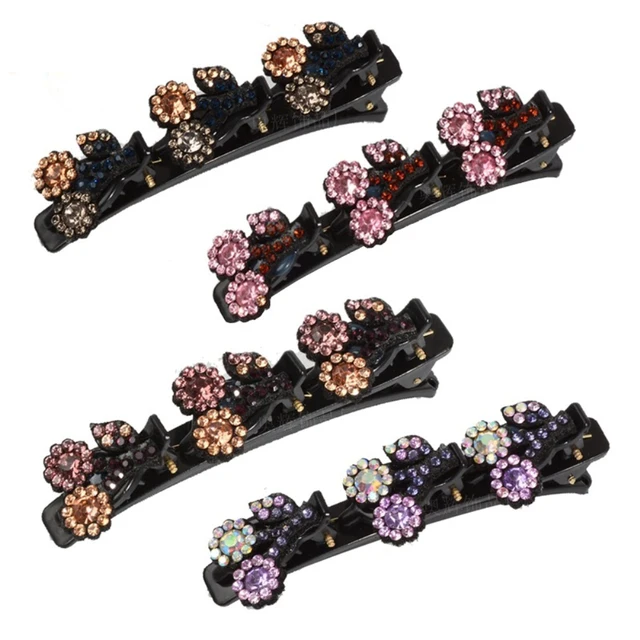 4pcs Sparkling Crystal Stone Braided Hair Clips, Three Flower Side Hair Clip,  Hair Sectioning Clips Girl Women