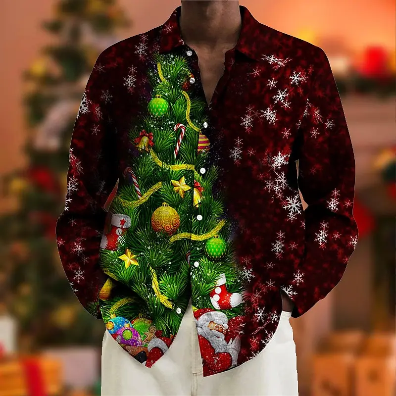 

Boutique Christmas Tree Printed Shirt for Men Summer Casual Cardigan for Men Street Fashion Clothing for Men Sports Undershirt