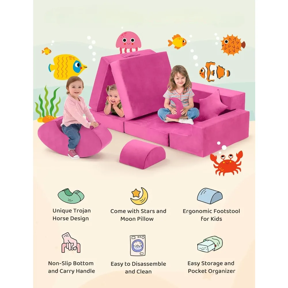 Modular Kids Play Couch, Convertible Kids Foam for Playroom & Bedroom, Versatile Toddler Sofa Fold Out DIY Building Fort 4