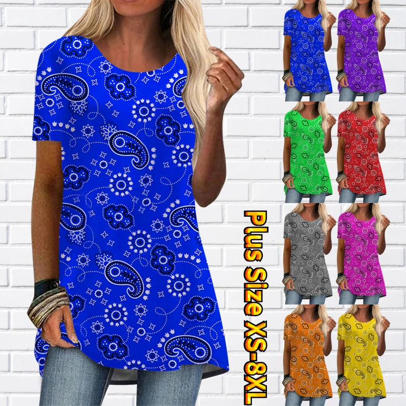 

2022 Women Round Collar New Design Printed Short Sleeve Summer Elegant Loose Comfortable T Shirt Oversized Casual Style Pullover