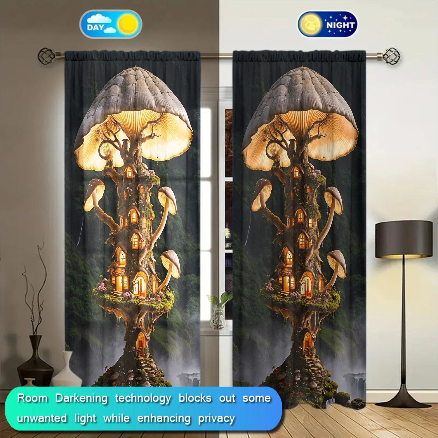 2pcs Mushroom House Pattern Printed Curtain for Home Decor - Rod Pocket Window Treatment for Bedroom, Office, Kitchen 4
