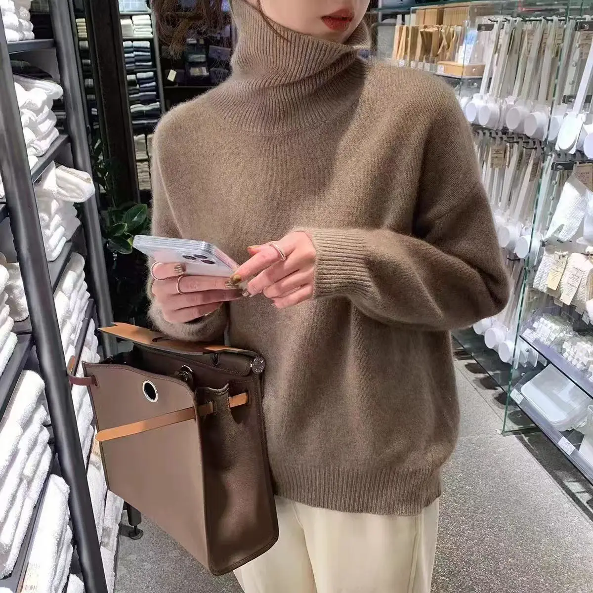 Heavyweight all-wool sweater for women, high-neck, loose, casual and versatile knitted, lazy Korean style sweater, thickened for 4