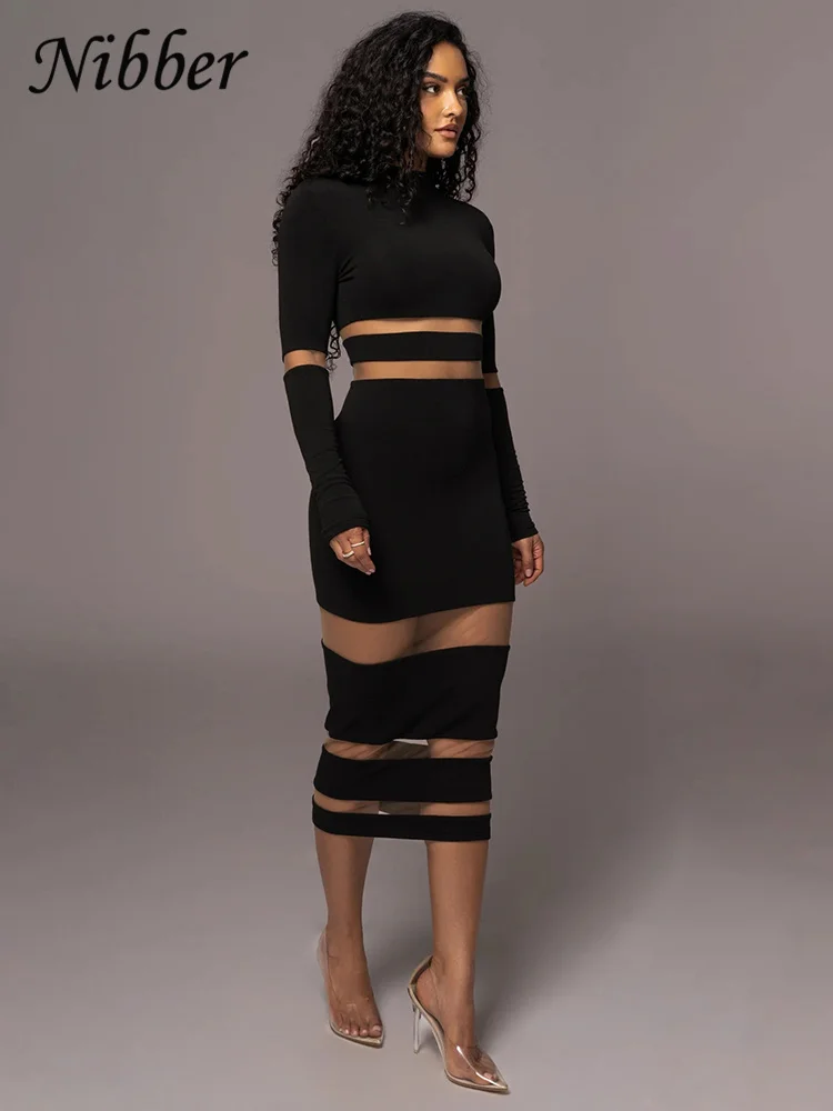 Nibber Elegant Mesh Patchwork Maxi Dress Women See Through O-Neck Full Sleeve Female Evening dresses Bodycon Vestidos Clothing