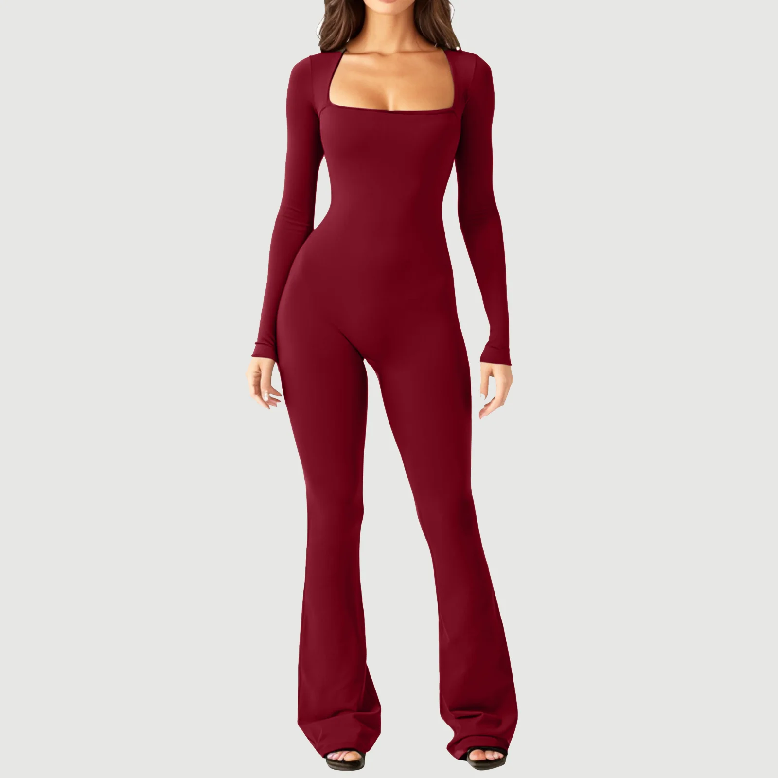 

EndoraDore Solid Square Neck Bodycon Sexy Jumpsuit For Women 2023 Autumn Long Sleeve High elasticity Wide Leg Pants Jumpsuit